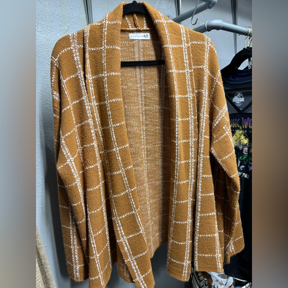 Retrology Open Front Cardigan Sweater Window Pane Mustard Yellow Long Sleeve 2X